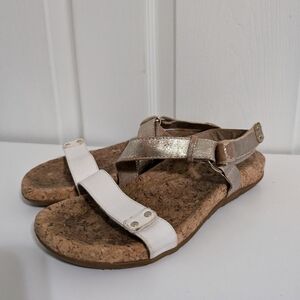 Aetrex Sandals Womens Size 7 Cork Metallic Strap Shoes Leather White Comfort